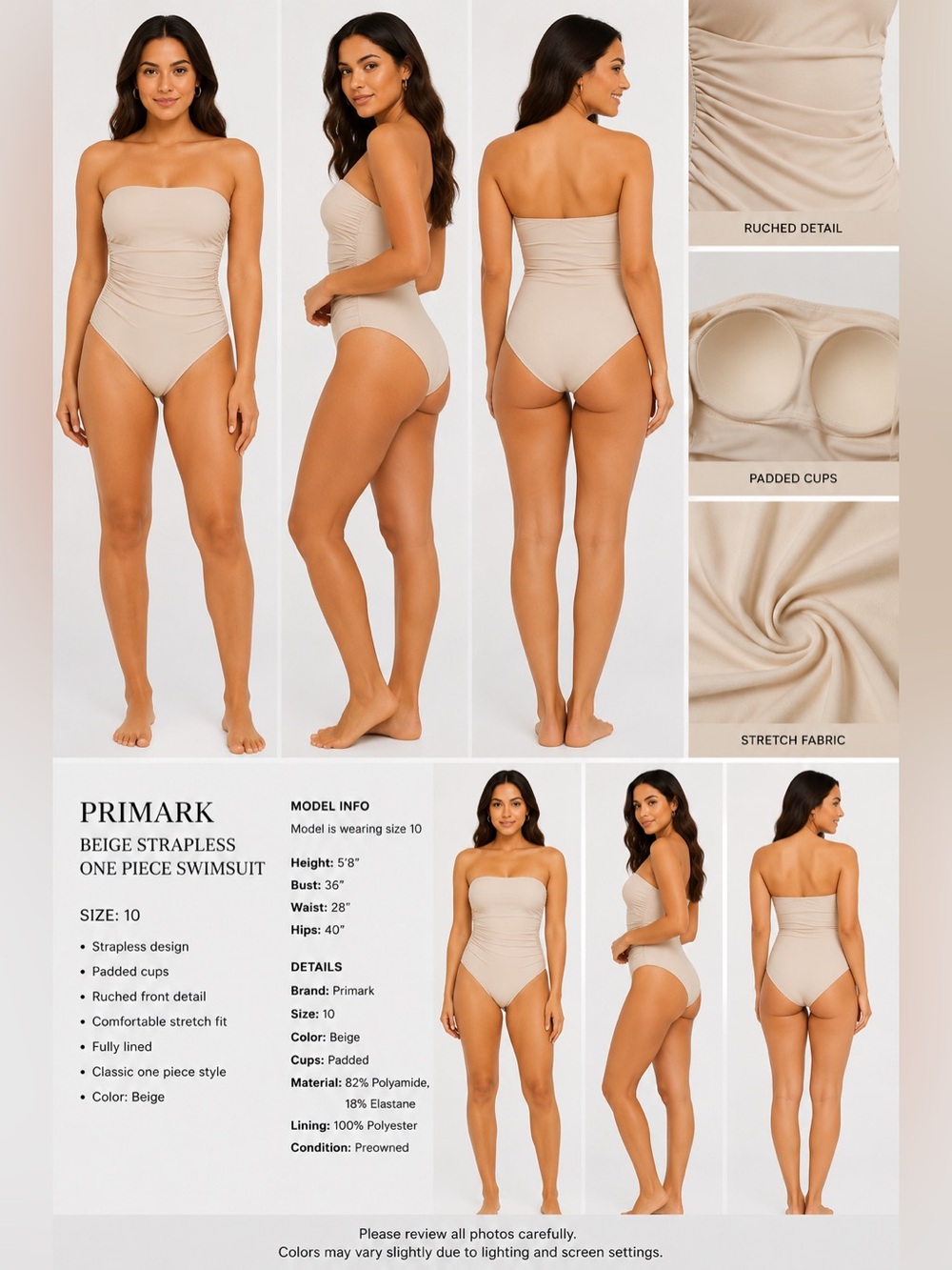 Primark Beige Strapless One Piece Swimsuit Size 10 | Padded Cups |